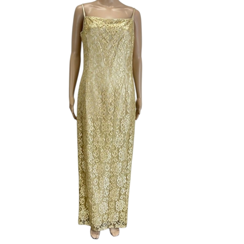 VTG Gunne Sax Jessica McClintock Women 11 / 12 Gold Gown Dress Lace Slit USA